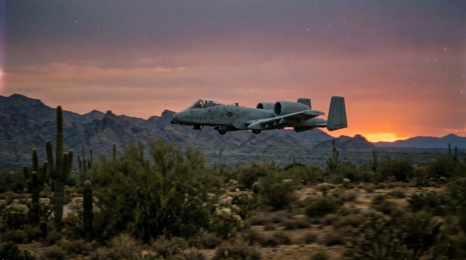 An A-10 low over the Sonoran desert at dusk